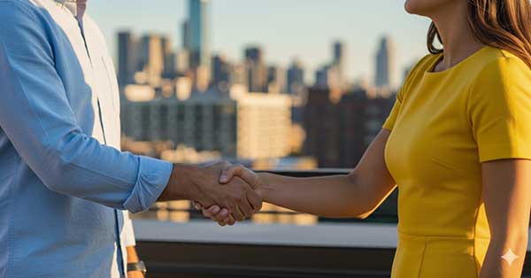 A professional real estate agent, a man in a button-up shirt and no jacket, shakes hands with a happy client. They are on a rooftop patio with a panoramic view of the Chicago skyline in the background.